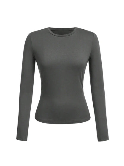 Women's Solid Color Long Sleeve T-Shirt – Round Neck Knitted Polyester Regular Fit Fall Winter Top