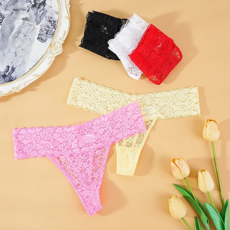 3PCS Lace Floral Women’s Panties - Low Waist Breathable Briefs & Thong, Sexy G-String Transparent Underwear (M-2XL)