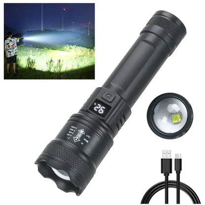 2000LM High-Power LED Tactical Flashlight – USB Rechargeable Zoom Torch with Display, Outdoor Camping, Fishing & Emergency Lantern Light for Survival Use