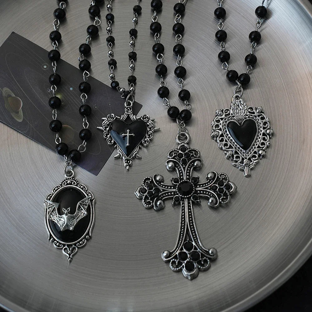 Gothic Bat Cross Necklace Set - Y2K Thorn Love Black Beaded Layered Jewelry for Halloween Parties