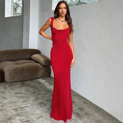 Elegant Red Maxi Party Dress for Women – Sleeveless Long Evening Gown with Bow, Holiday & Birthday Celebration Robe 2025 Fashion Oligai Maxi Style