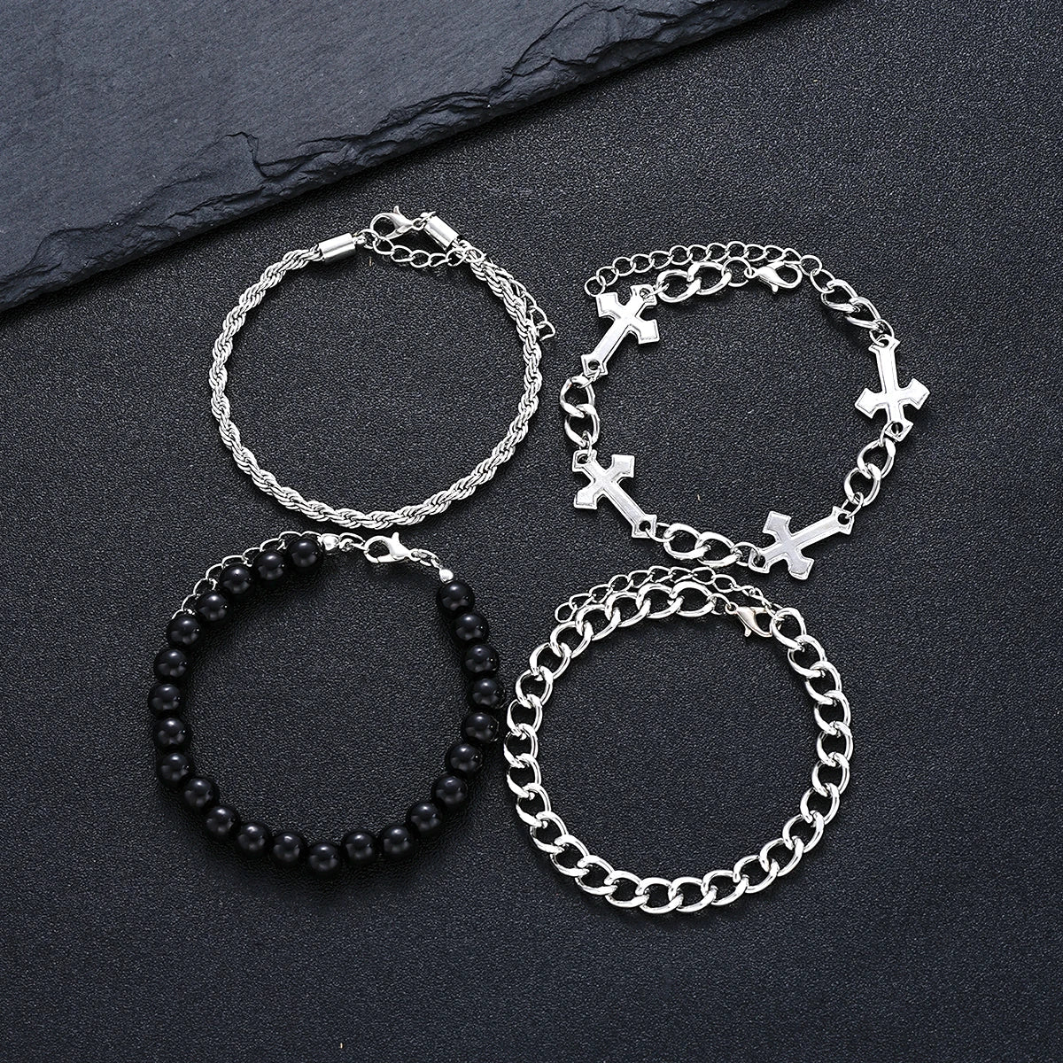 4-Piece Stainless Steel Bracelet Set - Punk Cross Bead Chain Bracelets for Men & Women