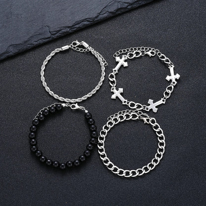4-Piece Stainless Steel Bracelet Set - Punk Cross Bead Chain Bracelets for Men & Women
