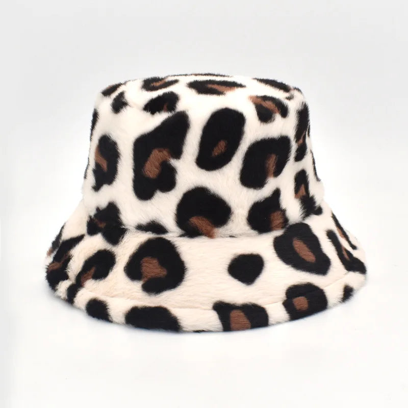 Women’s Winter Bucket Hat – Fashion Leopard Panama, Warm Vintage Faux Fur Fisherman Cap