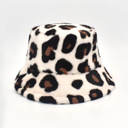 Women’s Winter Bucket Hat – Fashion Leopard Panama, Warm Vintage Faux Fur Fisherman Cap
