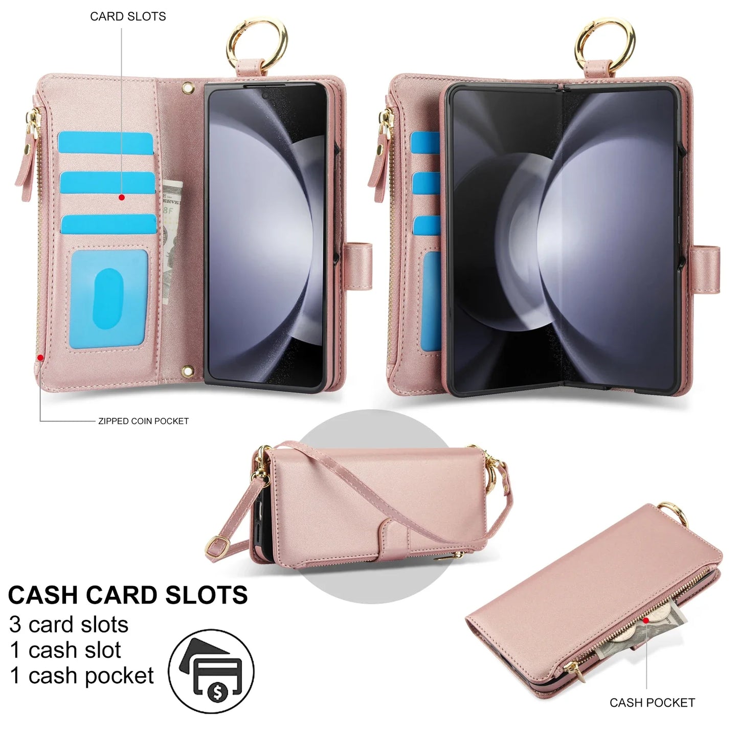 Crossbody Leather Wallet Case with Card Slots, Zipper & Kickstand for Samsung Galaxy Z Fold 3/4/5/6 – Wristband & Ring Holder
