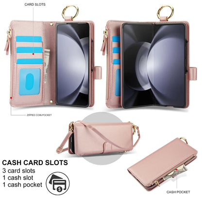 Crossbody Leather Wallet Case with Card Slots, Zipper & Kickstand for Samsung Galaxy Z Fold 3/4/5/6 – Wristband & Ring Holder