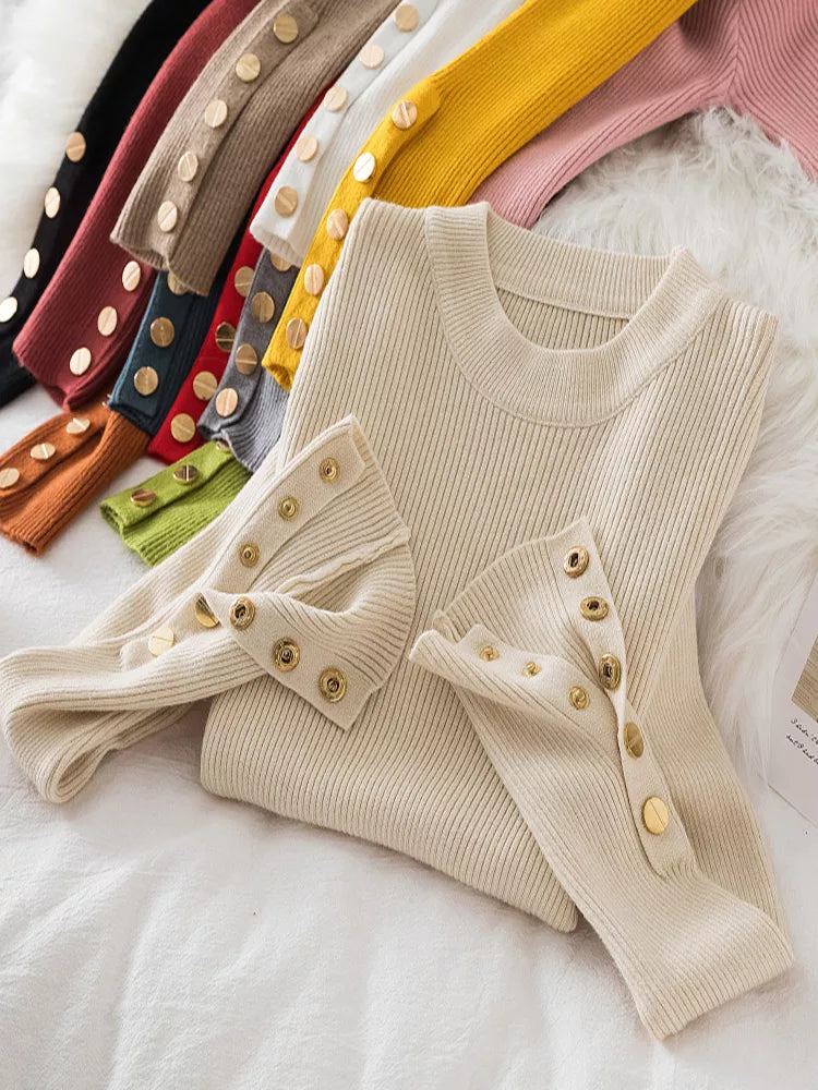 2024 Women's Thick Knit Sweater - Casual Autumn/Winter Pullovers in Khaki with Button Detail, O-Neck Chic Slim Fit Jumper Top