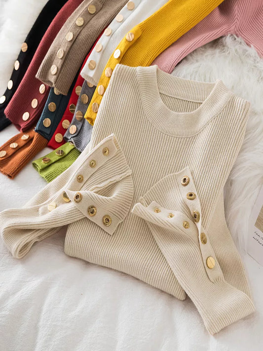 2024 Women's Thick Knit Sweater - Casual Autumn/Winter Pullovers in Khaki with Button Detail, O-Neck Chic Slim Fit Jumper Top