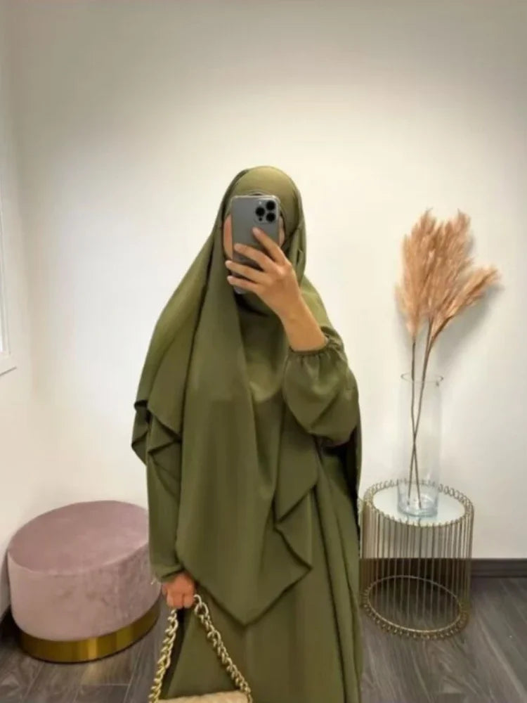 Women’s Eid 2023 2-Piece Khimar & Abaya Set – Long Islamic Prayer Dress Full Cover Hijab Ramadan Kaftan Djellaba