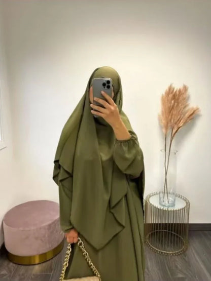 Women’s Eid 2023 2-Piece Khimar & Abaya Set – Long Islamic Prayer Dress Full Cover Hijab Ramadan Kaftan Djellaba