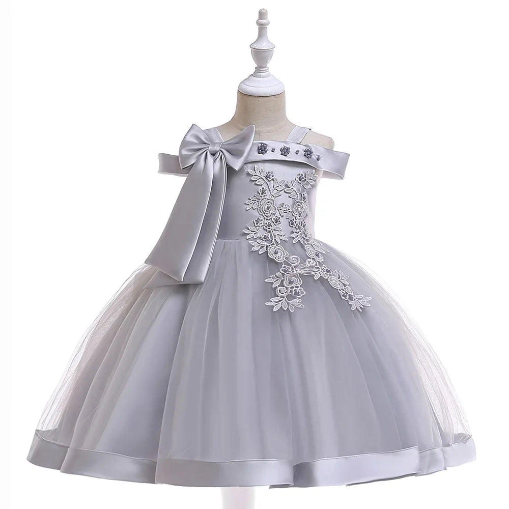 Girls’ Christmas Party Dress - Elegant Appliqué Flower Bow Gown for Weddings, Birthdays & Prom Ages 3–10