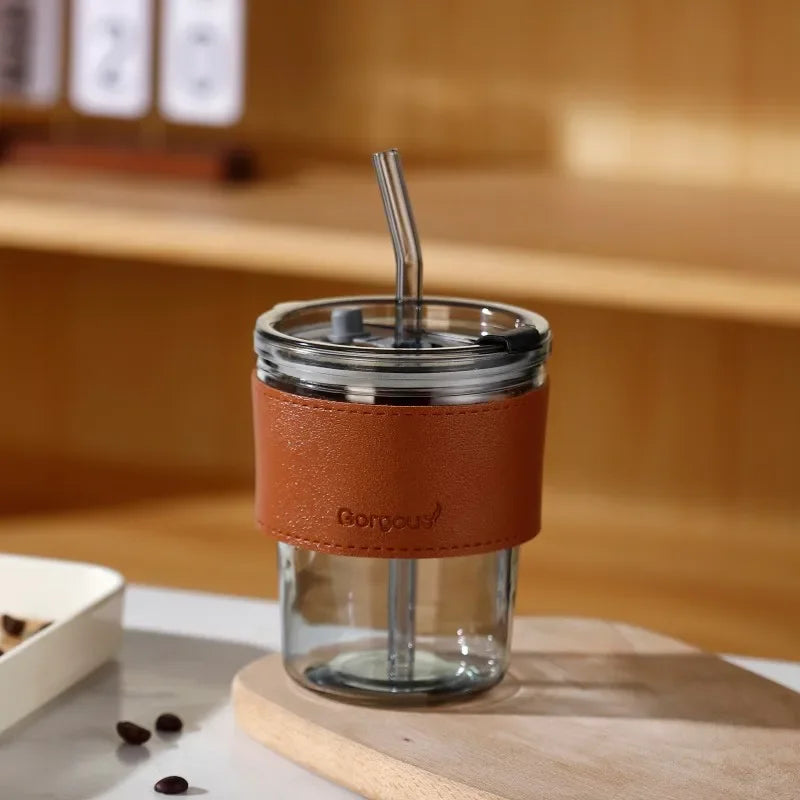 400ml Double Drinking Mouth Water Bottle – Transparent Glass Coffee Mug with Straw & Lid, Creative Beer & Beverage Cup