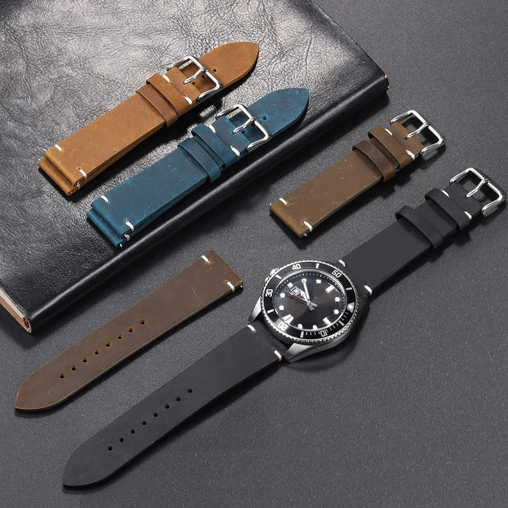 Calfskin Genuine Leather Watch Band – Black, Blue & Dark Brown Straps for Smartwatches, 18mm-24mm Accessories