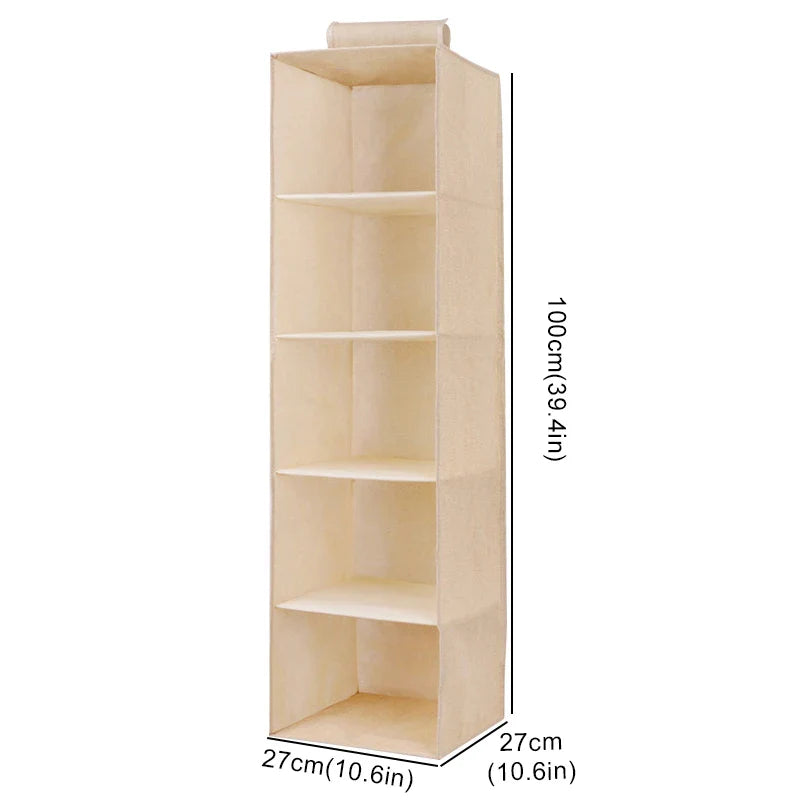 Cotton Linen Hanging Storage Bag with Drawers — Collapsible Wardrobe Organizer Box and Clothes Holder Shelves