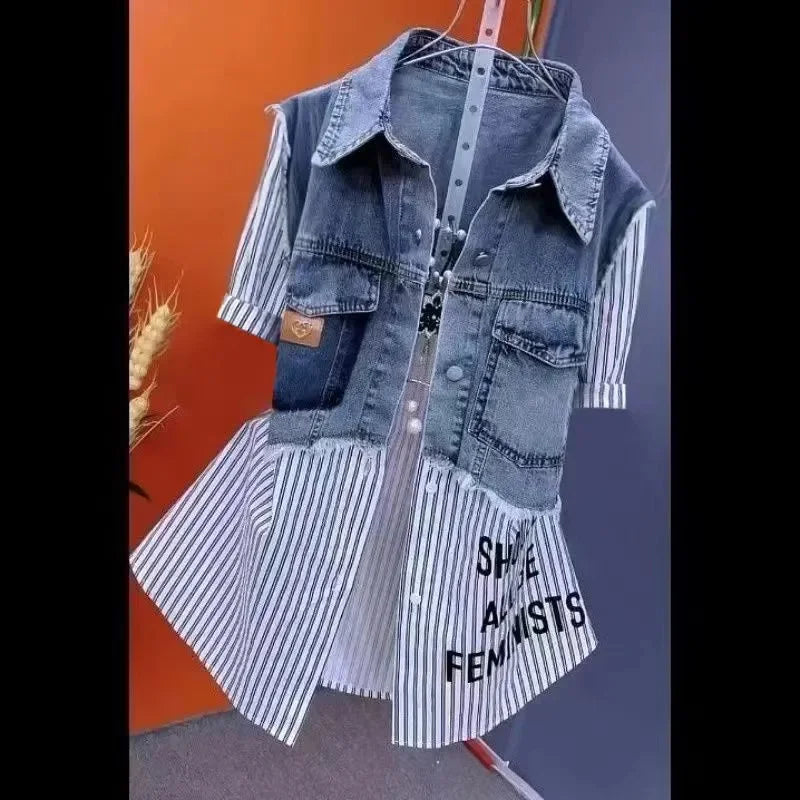 Women’s Denim Jacket – 2025 Casual Fashion, Fake Two Denim Shirts with Striped Stitching, Spring & Autumn Coat