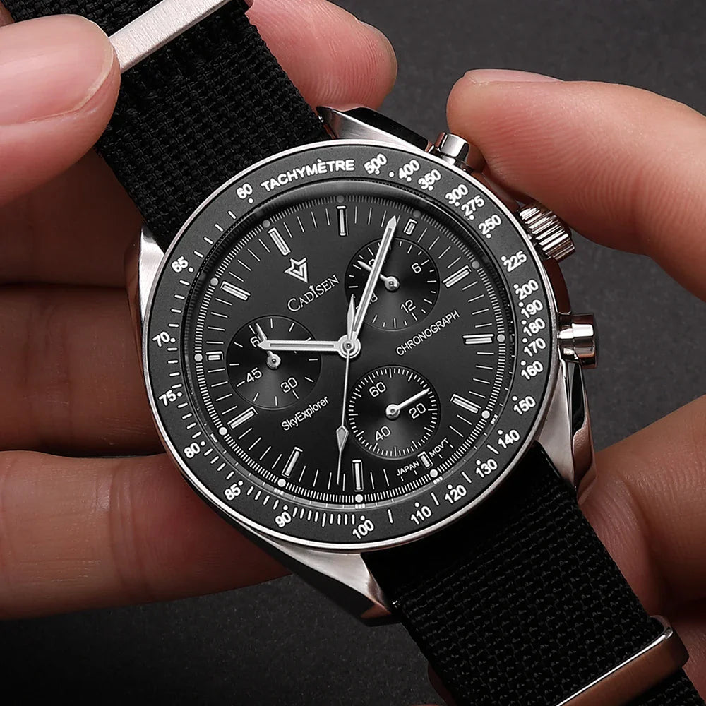 CADISEN Men's Luxury Watch – Quartz VK68 Chronograph, Sapphire AR Crystal, Canvas Strap Speed Style Wristwatch
