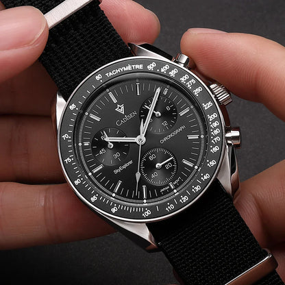 CADISEN Men's Luxury Watch – Quartz VK68 Chronograph, Sapphire AR Crystal, Canvas Strap Speed Style Wristwatch
