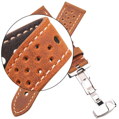 Genuine Leather Watch Band 20mm 22mm 24mm — Vintage Cowhide Strap with Deployment Clasp for Samsung Galaxy Watch 3/4