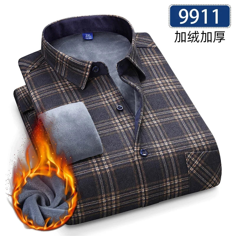 Men’s Fleece Plaid Shirt - Warm Thick Long Sleeve Business Check Shirt with Single Pocket for Autumn & Winter