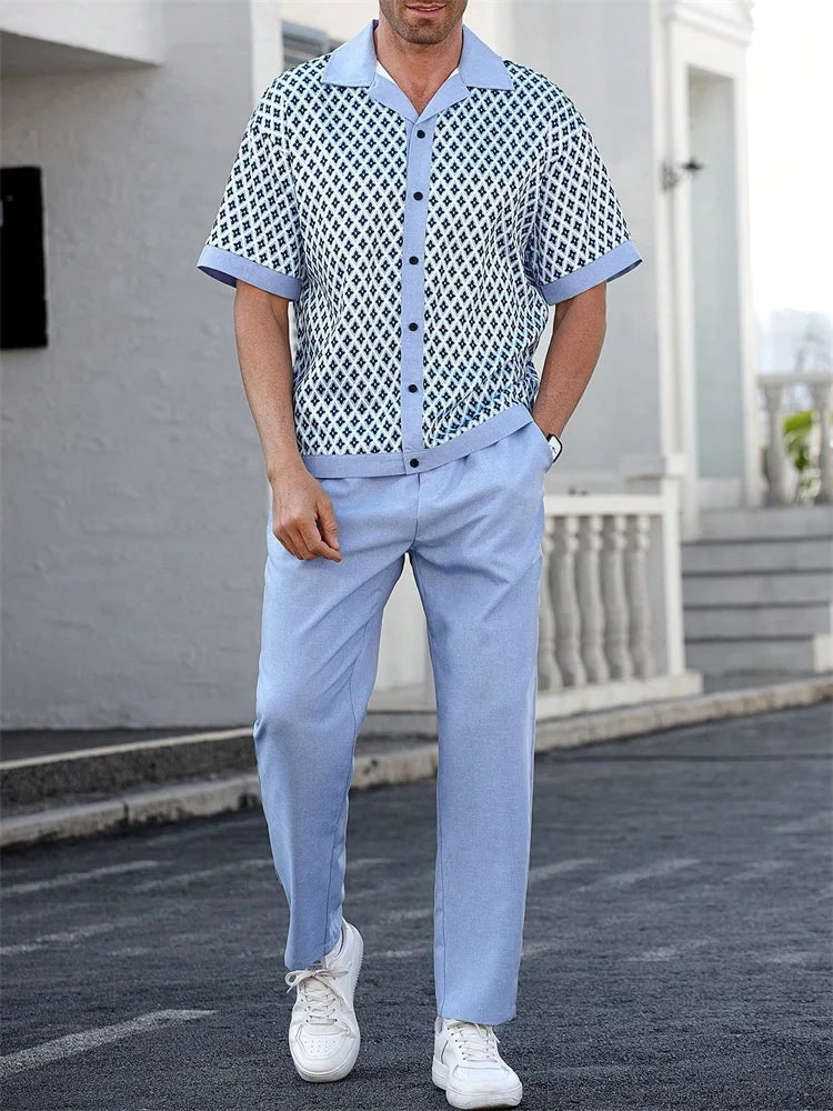 Men's Light Blue Striped Shirt Set - 3D Printed Casual Lapel Shirt for Autumn Outdoor Style