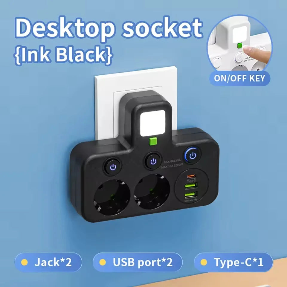 EU Plug Power Strip – 4 AC Outlets, 2 USB & 1 Type-C Ports with Independent Switch and Night Light