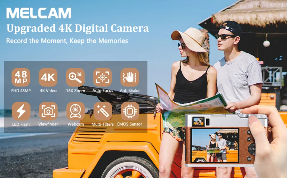 4K Digital Camera – 48MP Auto Focus Vlogging Camera for YouTube, Anti-Shake, Viewfinder, Flash & Dial (Brown)