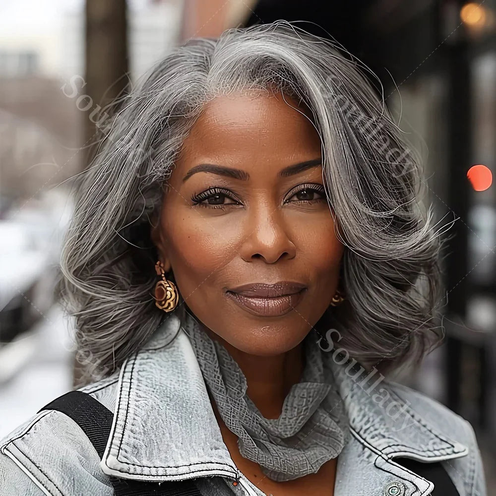 Soul Lady Salt & Pepper 5x5 Glueless HD Lace Closure Wig – Body Wave Bob, Silver Grey Loose Wave Human Hair for Black Women