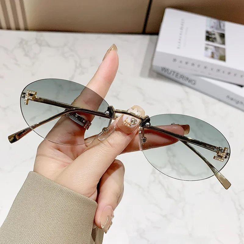 Elegant Diamond Oval Rimless Sunglasses — Men’s “F” Letter Car Sunglasses Model 90902