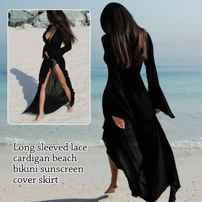 Women’s V-Neck Ruffled Beach Cover Up Dress – Long Sleeve Bikini Sunscreen Smock Vacation Swimsuit Casual Summer Outfit