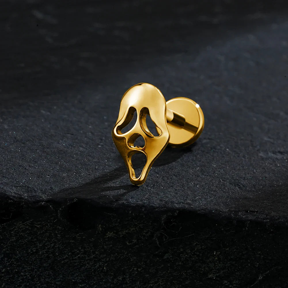 Right Grand ASTM F136 Titanium 16G Ghost Face Flat Back Earring – Halloween CZ Cartilage Stud for Helix, Labret & Nose Piercing Jewelry