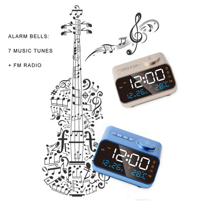 FM Radio, LED Alarm Clock, and Digital Table Calendar with Temperature, Thermometer, and Humidity Hygrometer for Bedside Bliss