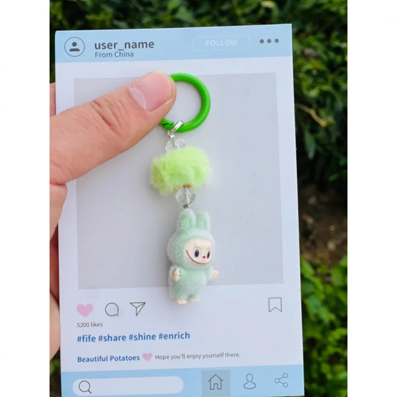 Labubu Mini Flocking Doll Keychain – Standing & Sitting Car, Bag, Phone, Backpack Charm Gift