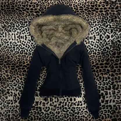 Y2K Harajuku Women's Fur Collar Hoodie – Slim Chic Solid Color Cardigan Sweatshirt, Goth Punk Streetwear