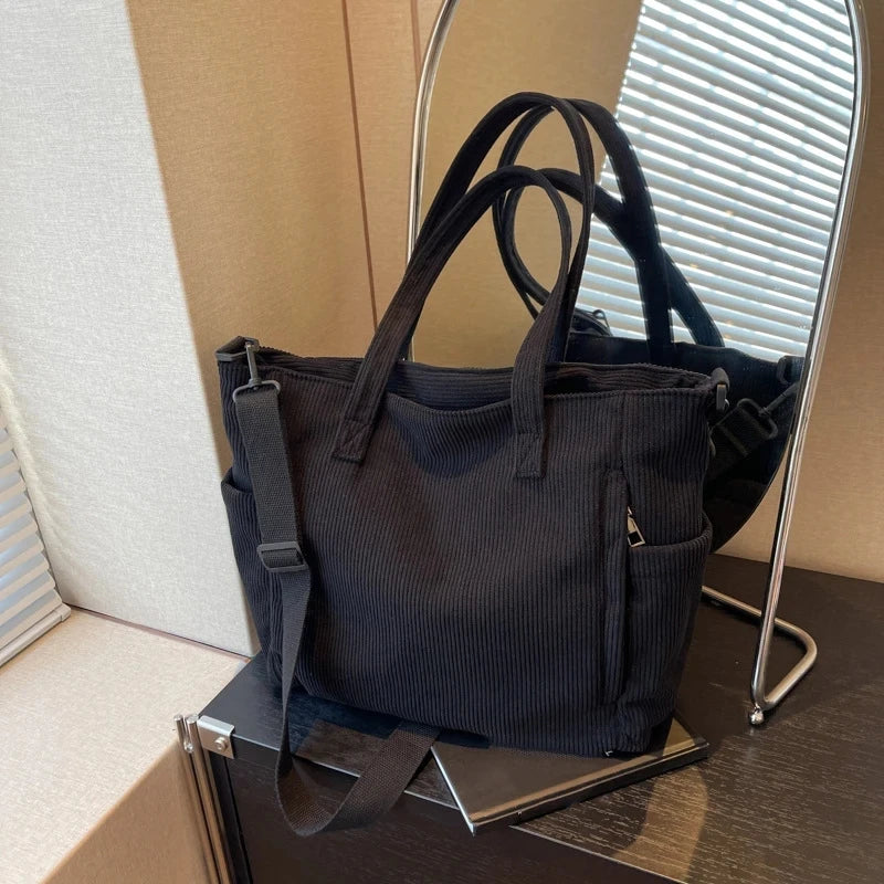 Corduroy Tote Bag - Women's Multi-Pocket Crossbody Shoulder Bag with Adjustable Strap