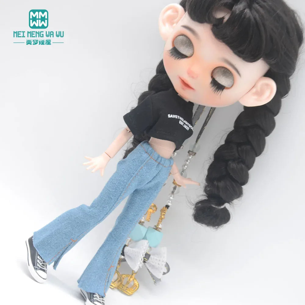Blythe Doll Clothes – Fashion Tops, Black & White Shirts with Jeans & Plaid Pants for Azone OB22/OB24 Dolls