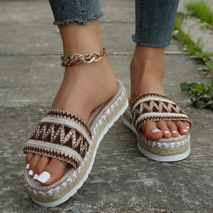 Bohemian Weave Women's Platform Slippers – Handmade Espadrille Sandals, Summer 2023 Beach & Casual Heels