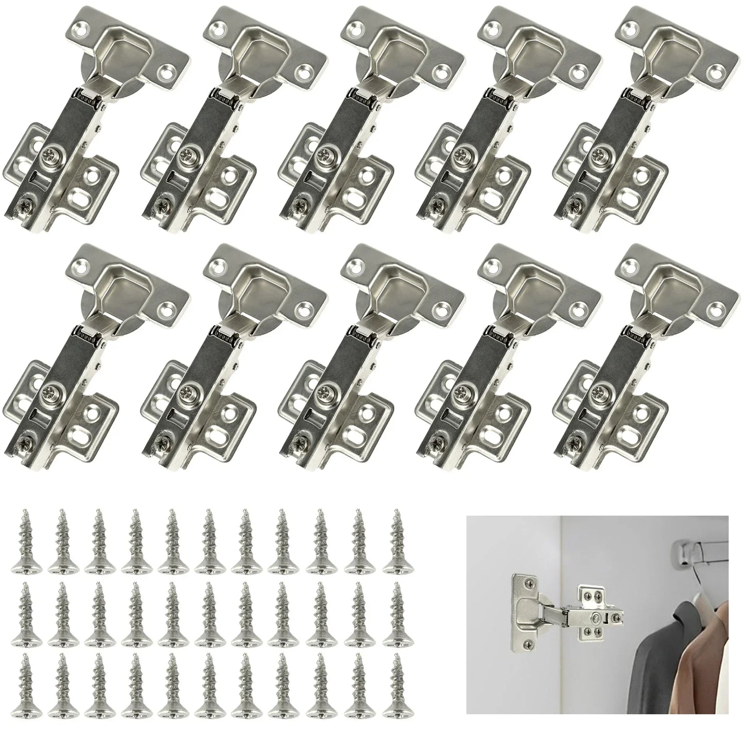 10Pcs Full Overlay Soft Close Hidden Hinges – Steel Hinges for Furniture & Kitchen Cabinet Doors with Screws