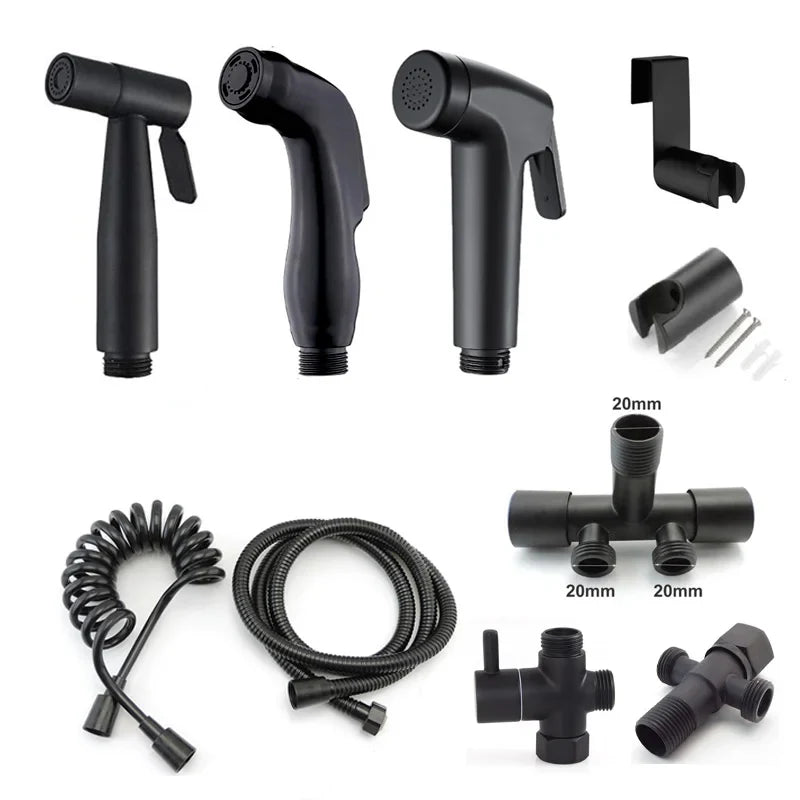 Black Toilet Bidet Sprayer Set - Handheld Bathroom Wash Spray Gun with Flexible Hose, Water Valve & Cleaning Shower Head