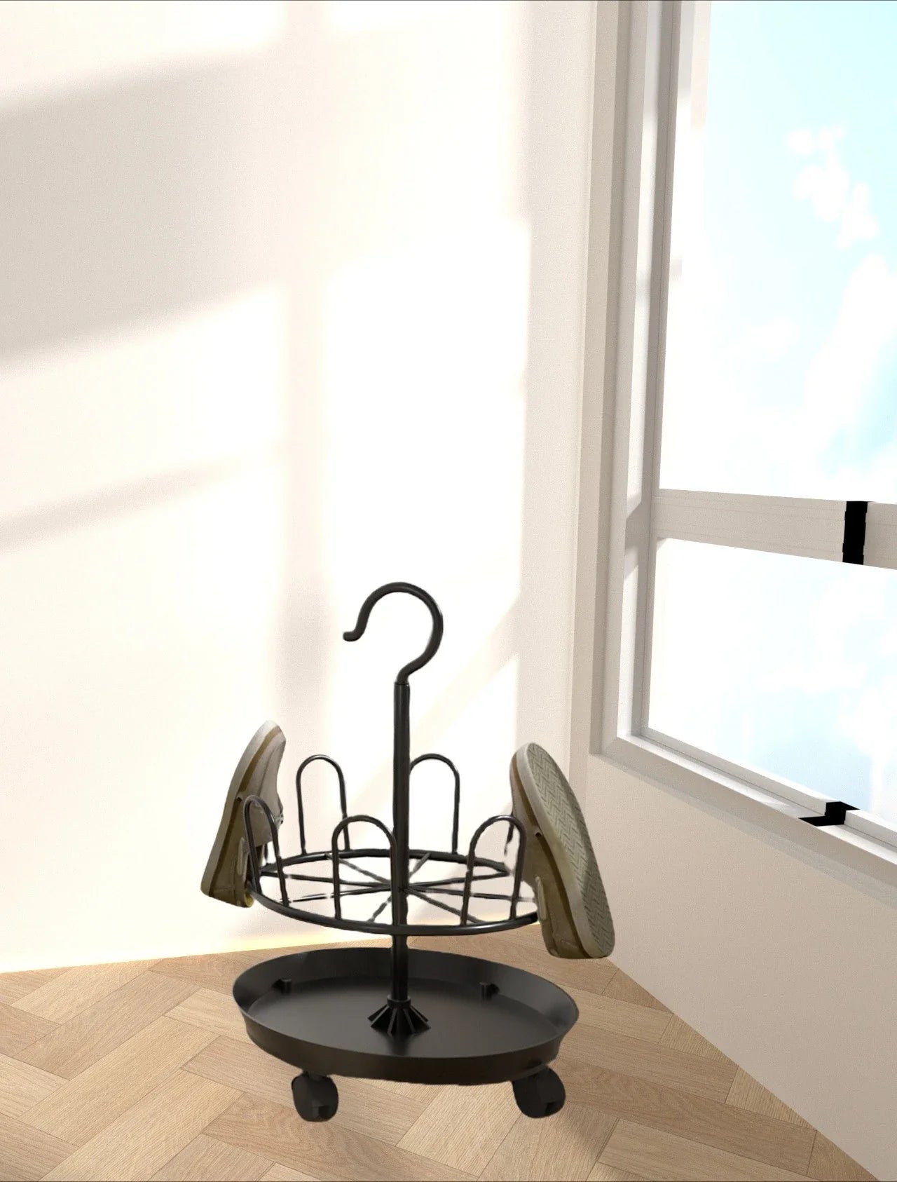 Drying Shoe Rack with Drain Plate – Floor-to-Ceiling Rotating Shoe & Slipper Hanger, Balcony Storage Shelf Organizer