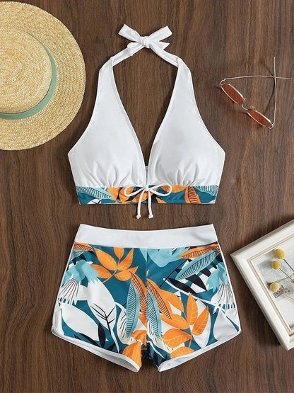 Women's High Waist Printed Bikini Set - Conservative Halter Split Swimsuit for Summer Beachwear