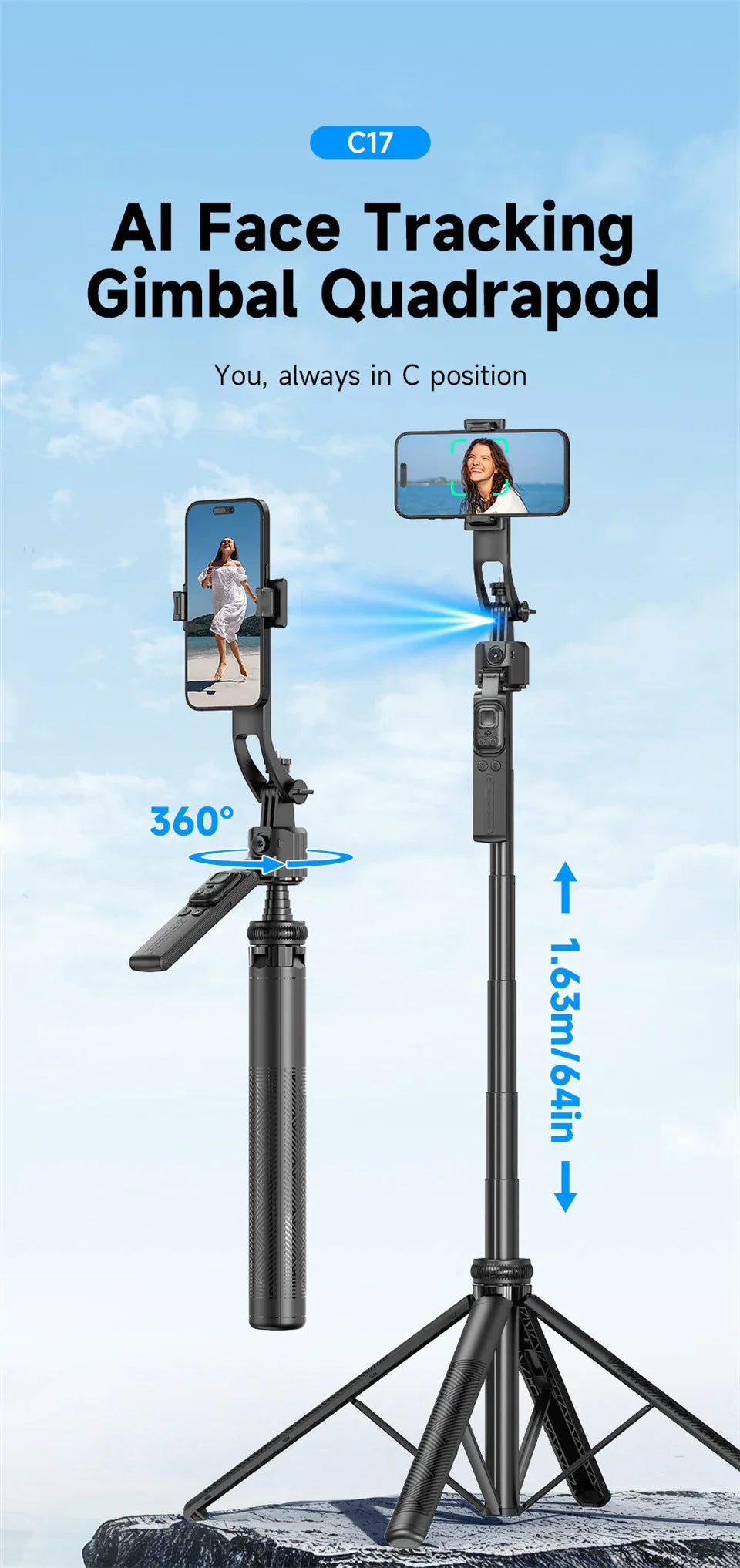 C17 360° Auto-Rotation Monopod – AI Tracking Tripod with Bluetooth Shutter, Fill Light & Wireless Selfie Stick for Phones