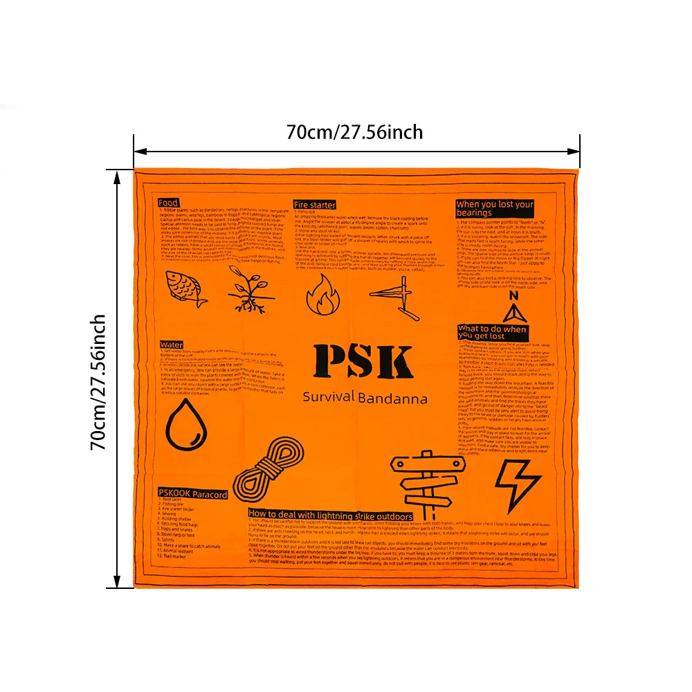 Survival Bandana - Heavy Duty Construction with Easy-to-Read Tips, High-Visibility Orange for Backpacking, Camping, Hiking, and Emergency Use