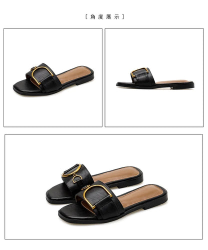 Women’s Flat Slippers — Summer Leather Square Toe Flats, Designer Slides & Luxury Sandals