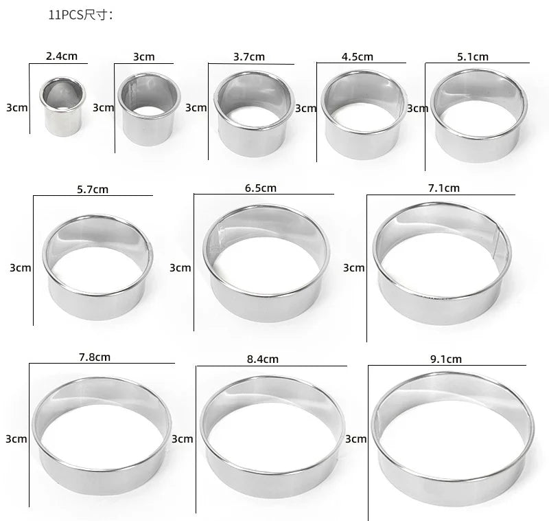 11pcs Round Stainless Steel Biscuit & Dough Cutter Set – Dumpling Skin, Cookie & Pastry Molds for Baking