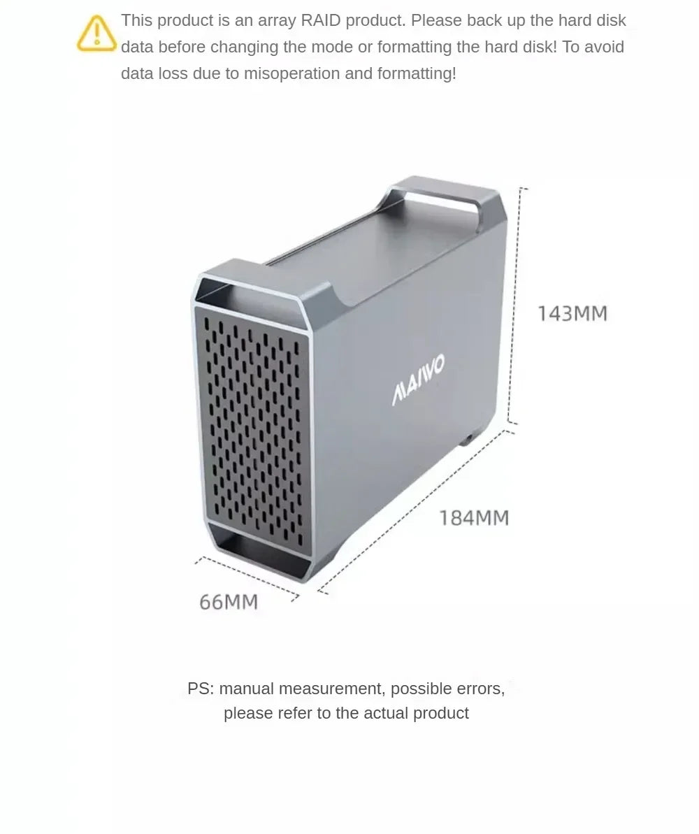 MAIWO 3.5 Inch Dual Bay External Hard Drive Enclosure – SATA Disk Array with 4 RAID Functions for 3.5 Inch HDD