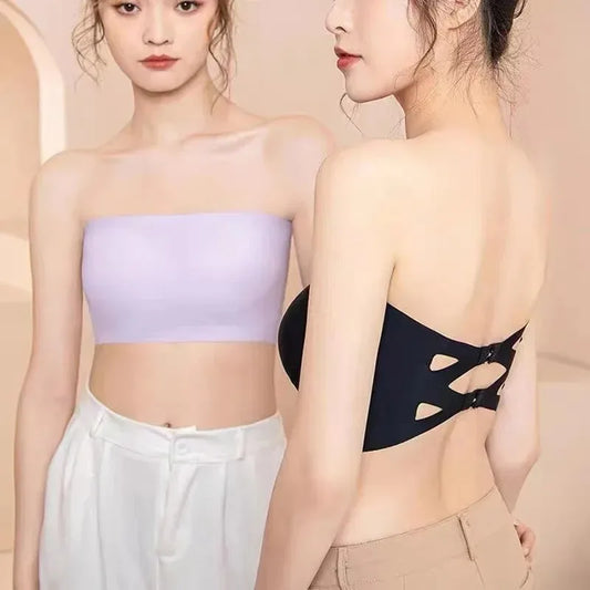 2 Piece Women's Strapless Tube Top Bras – Seamless Ice Silk Bandeau with Back Buckle, Invisible Underwear