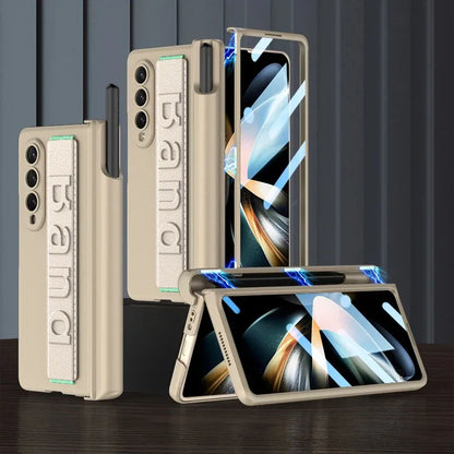 Magnetic Hinge Wrist Strap Case with Pen Slot & Screen Glass for Samsung Galaxy Z Fold 6/5/4/3 – Hard Protective Cover
