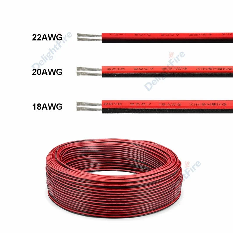 2-PIN Electrical Wire – Tinned Copper PVC Insulated Red & Black Cable for LED Strip Light Extension, 18/26/28 AWG