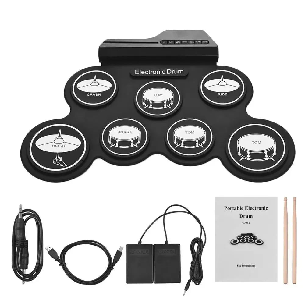 Portable Folding USB Electronic Drum Kit - Silicone Roll-Up Practice Pad with Drumsticks & Sustain Pedal